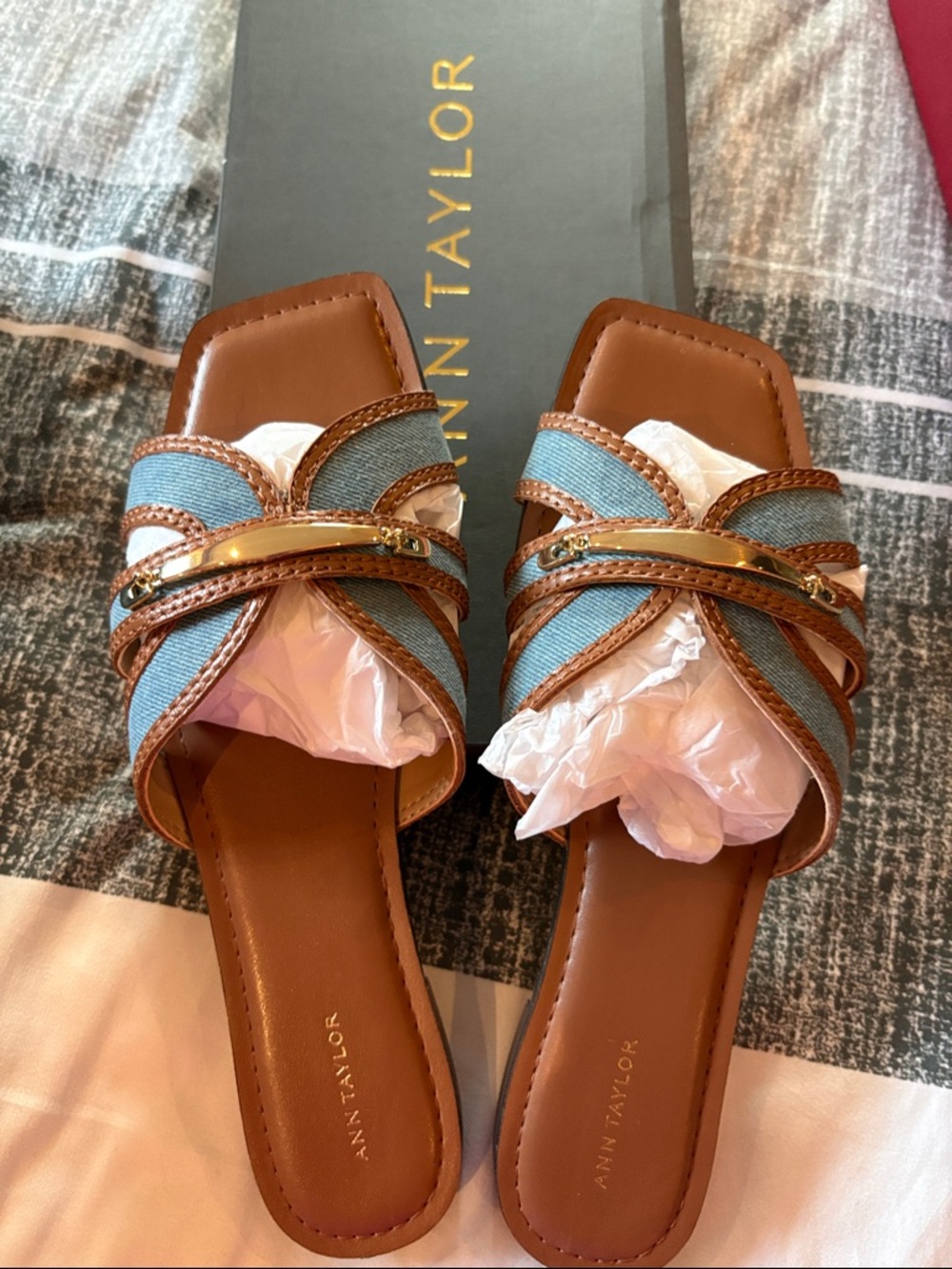 Ann Taylor Brown and Blue Denim Slide Mules with Gold Accent- Brand New!
